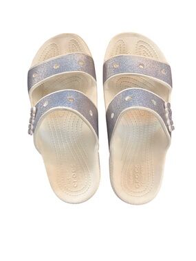 Crocs Classic Glitter II Sandal Slides Women’s 9 White & Silver